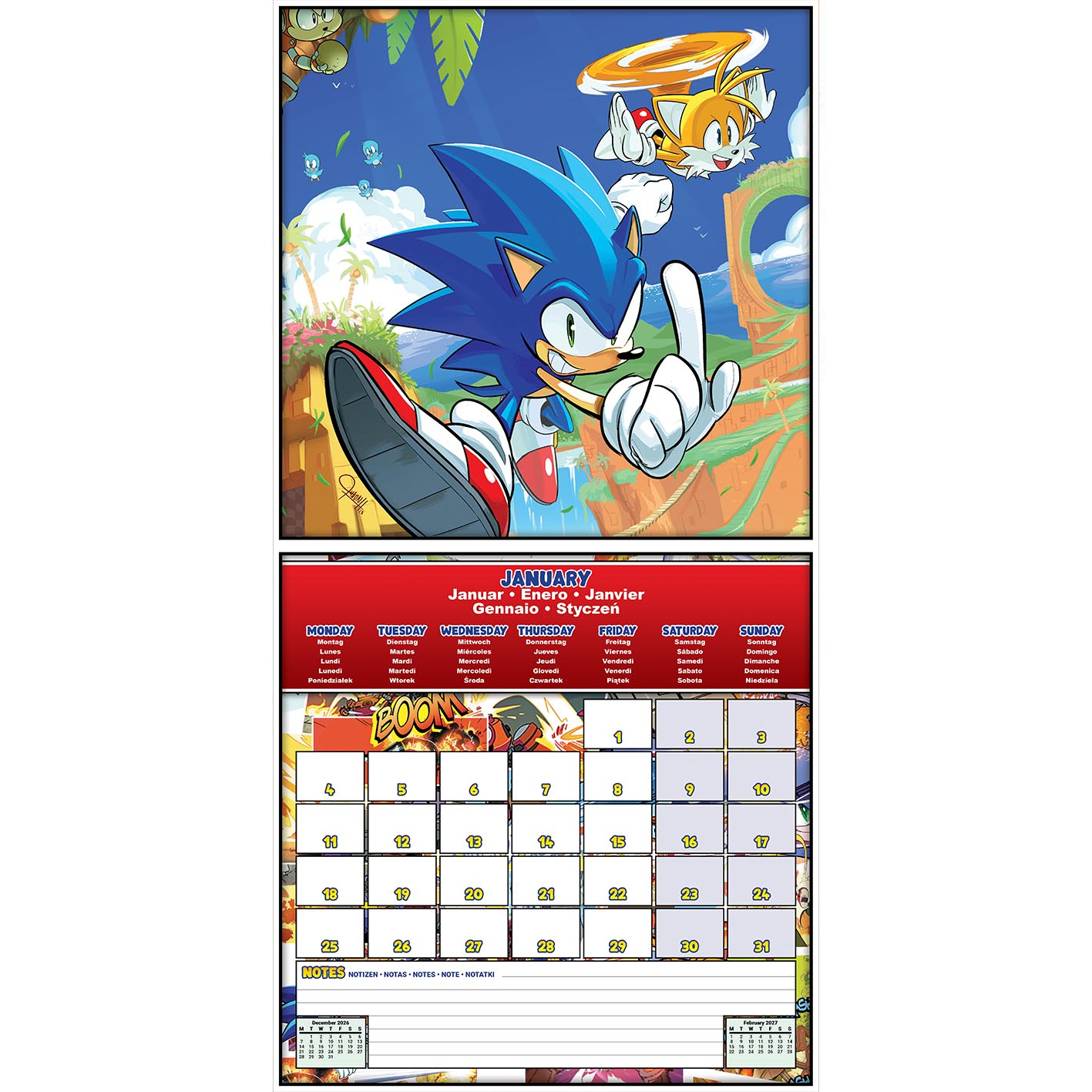 Sonic und Tails fliegen auf einem Kalenderblatt für Januar.