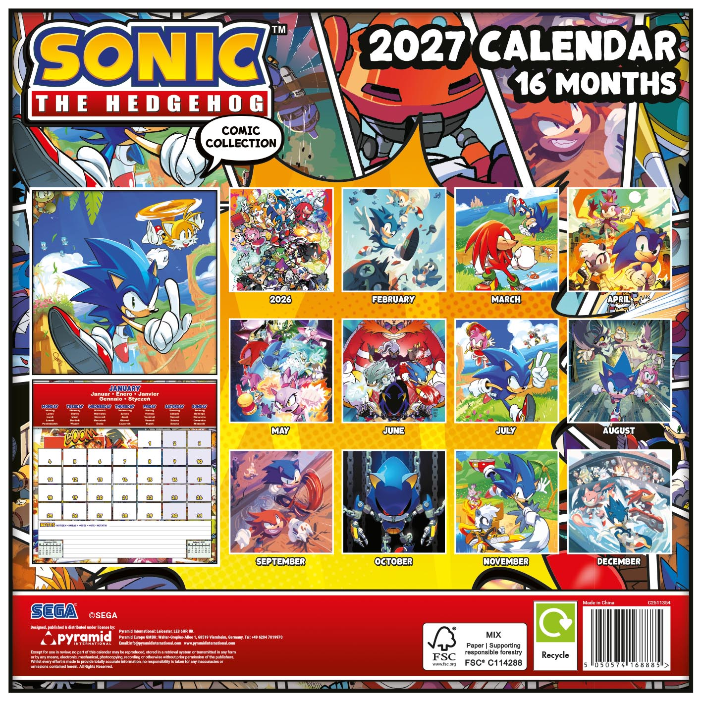 Sonic the Hedgehog 2027 Kalender mit Comic-Motiven für 16 Monate.