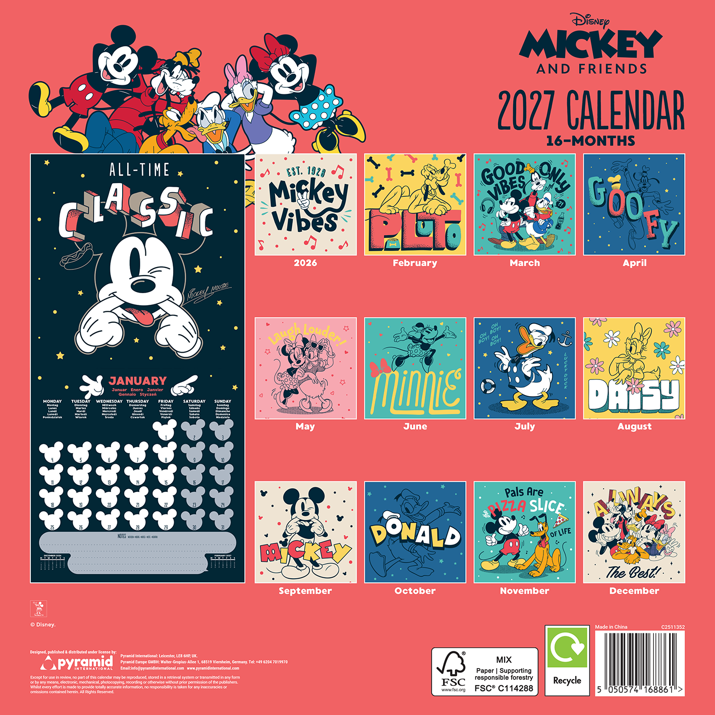 2027 Mickey & Friends Kalender mit Bildern von Januar bis Dezember.