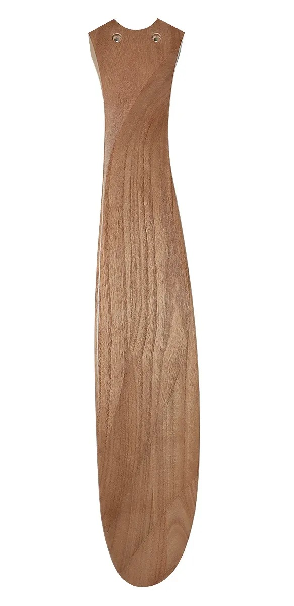 Una singola pala in legno curva con fori per viti in alto.