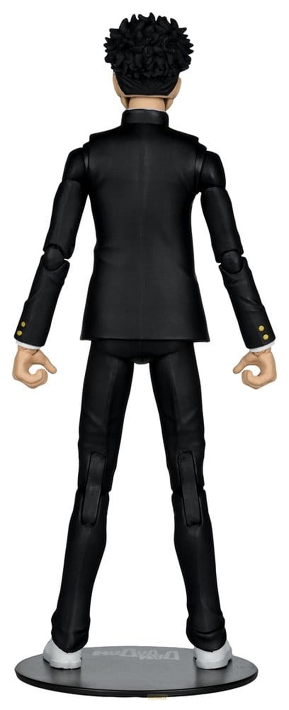 Rückansicht einer Actionfigur in schwarzem Anzug mit stacheligen Haaren, die auf einer runden schwarzen Basis steht.