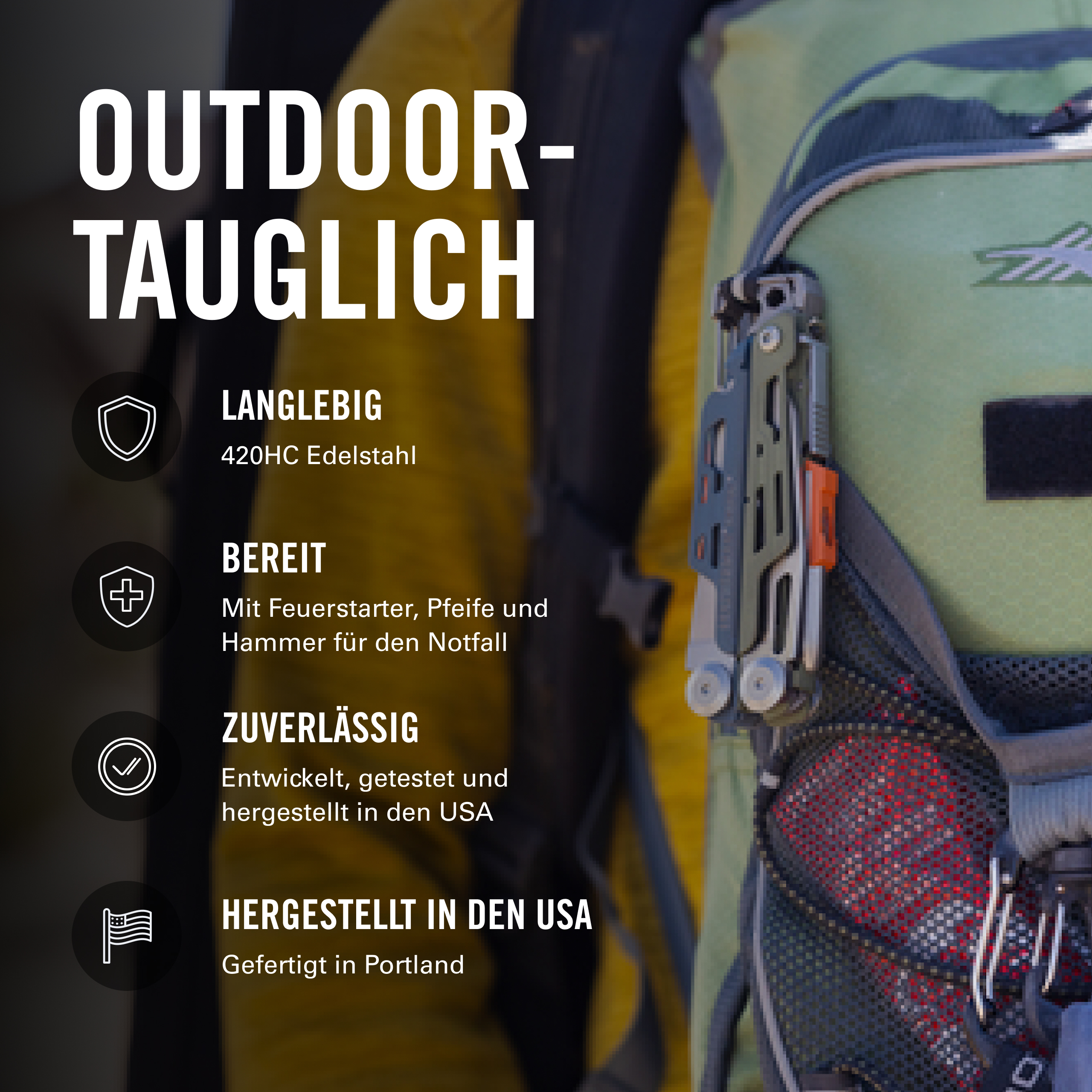 Outdoor-fähiges Multitool an einem Rucksack mit deutschen Textbeschreibungen.