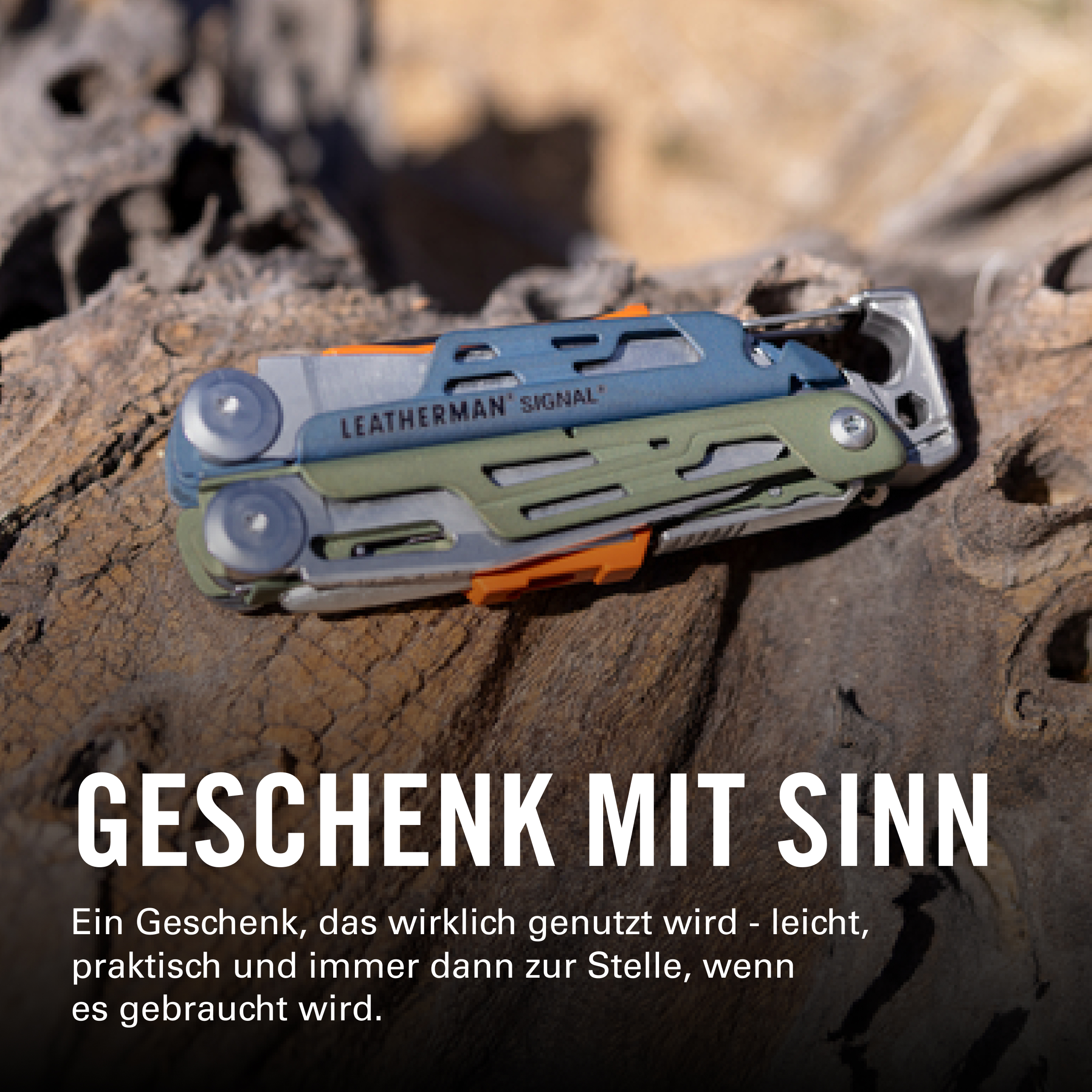 Ein blau-grünes Leatherman Signal Multitool liegt auf einem Baumstamm.