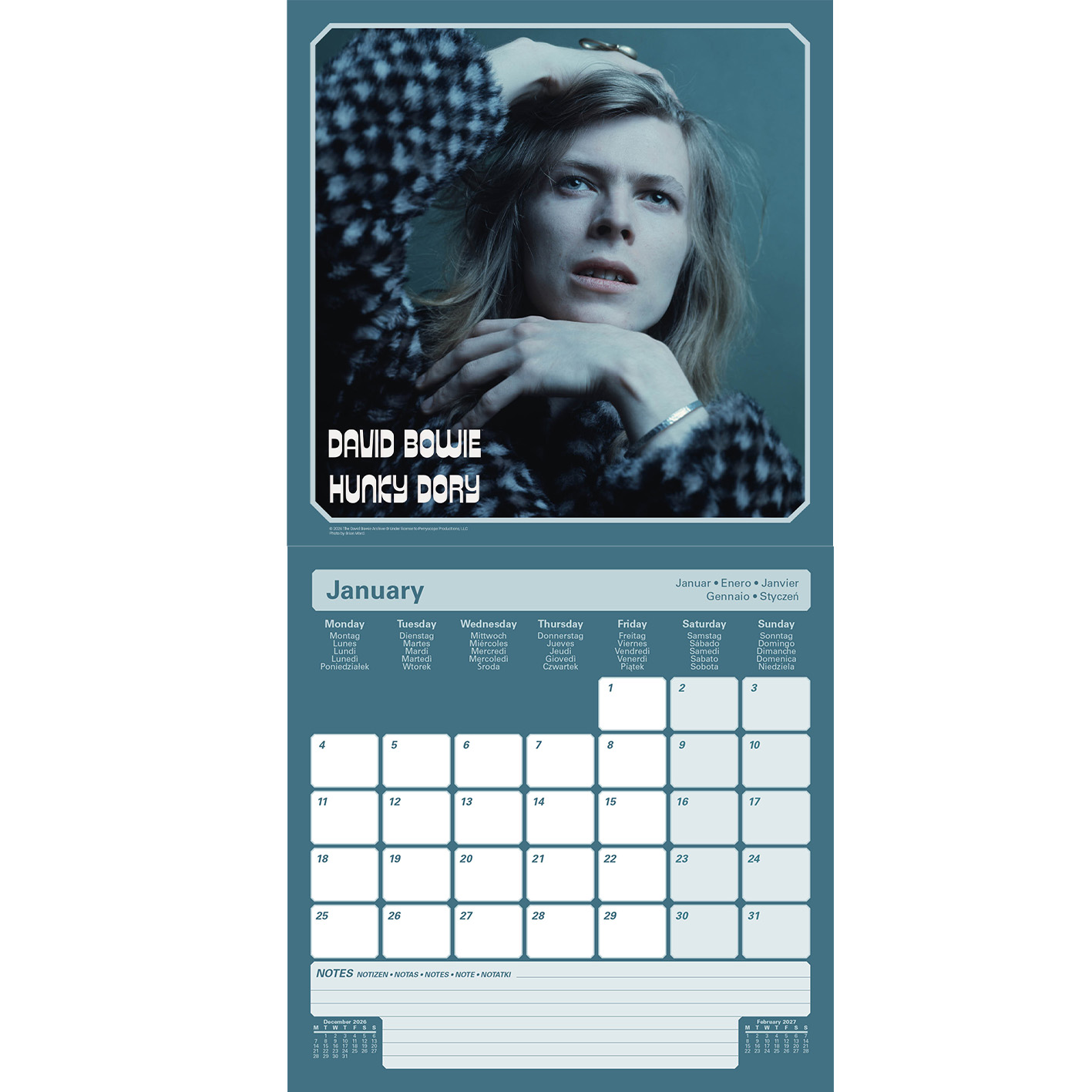 David Bowie Hunky Dory Kalender Januar 2021. Porträt von Bowie, Kalenderblatt mit Tagen.