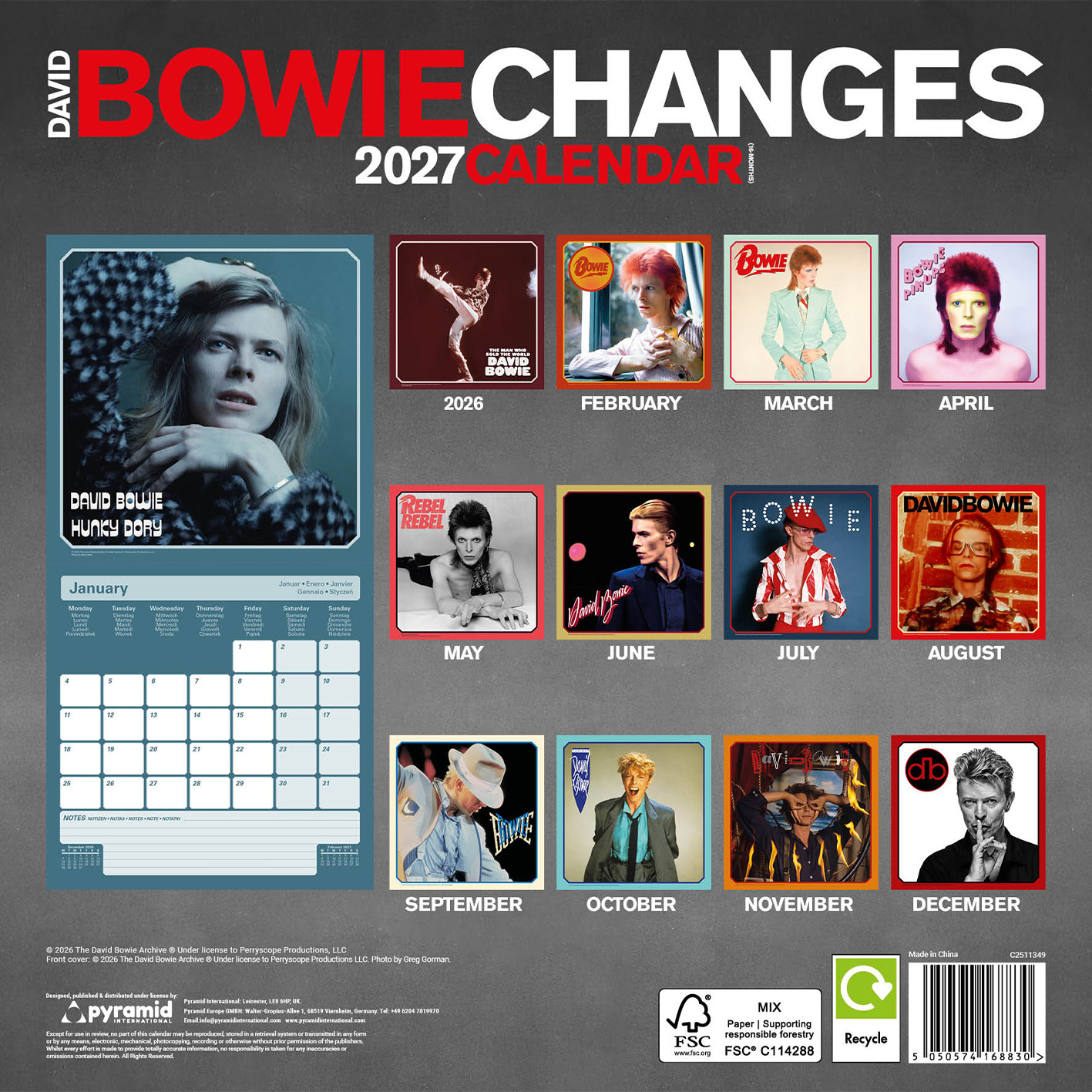 David Bowie 2027 Kalender mit Monatsbildern und Kalenderansicht.