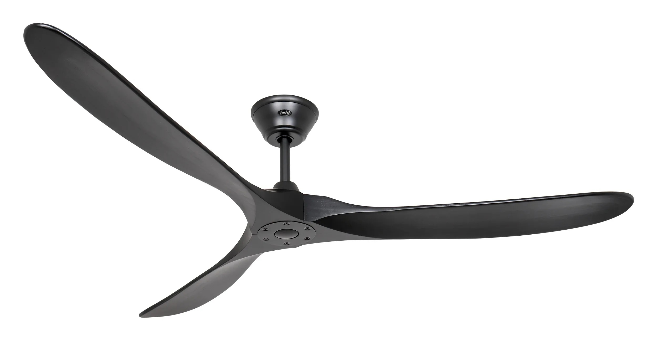 Un ventilatore da soffitto nero con tre pale ampie e curve.