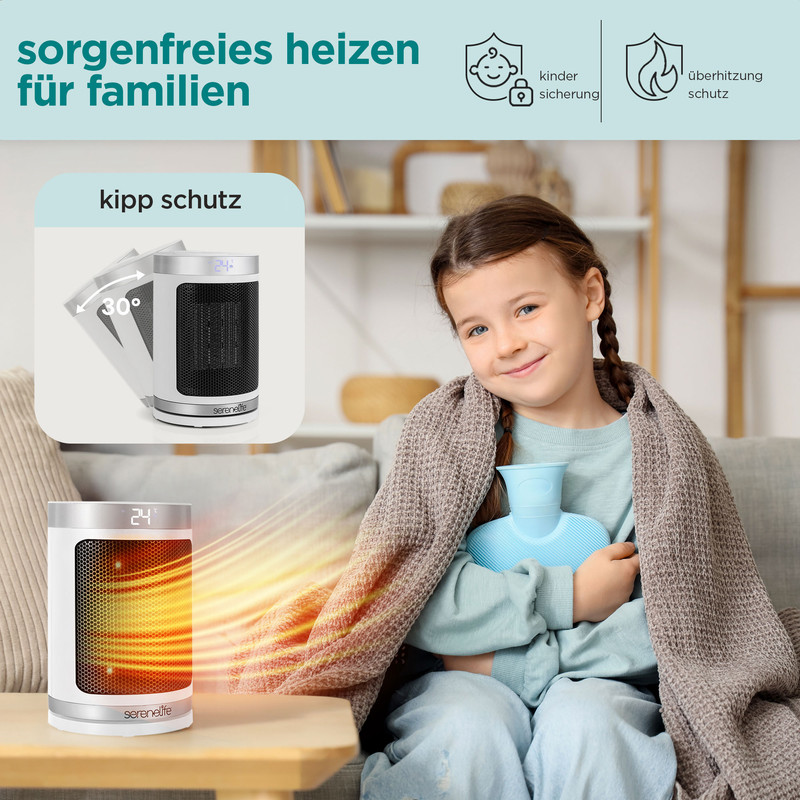 Ein kleines Mädchen sitzt mit einer Wärmflasche unter einer Decke. Ein Heizlüfter ist daneben.