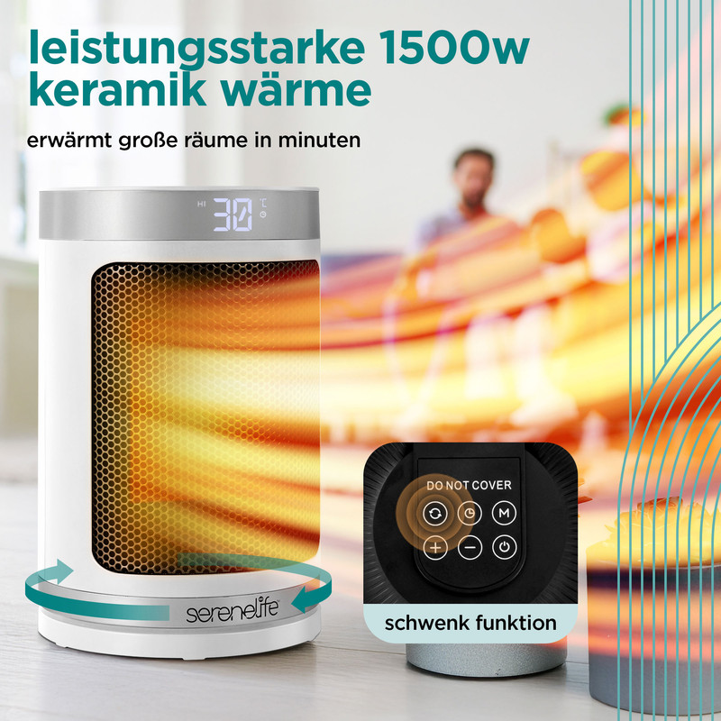 Ein weißer Keramikheizer mit 1500W Leistung, der warme Luft ausstößt. Er hat ein Display und eine Fernbedienung.