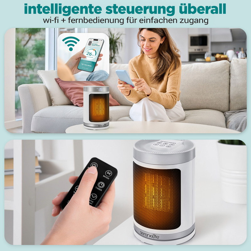 Frau bedient Heizgerät per App und Fernbedienung. Zwei Ansichten.
