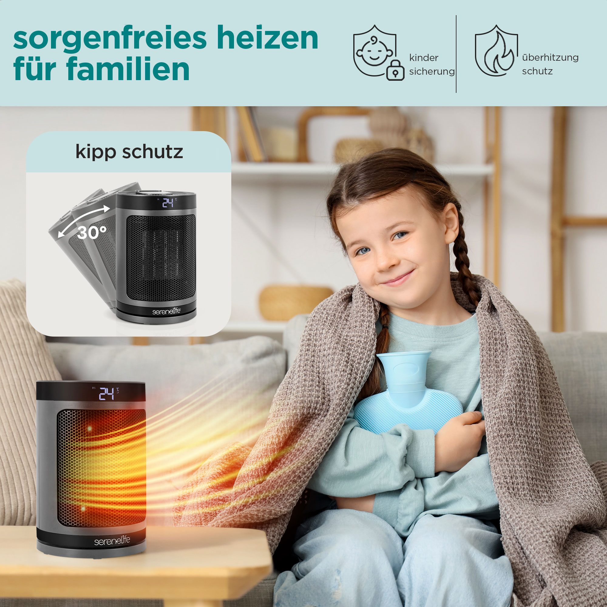 Ein Mädchen mit Decke und Wärmflasche sitzt neben einem Heizlüfter.
