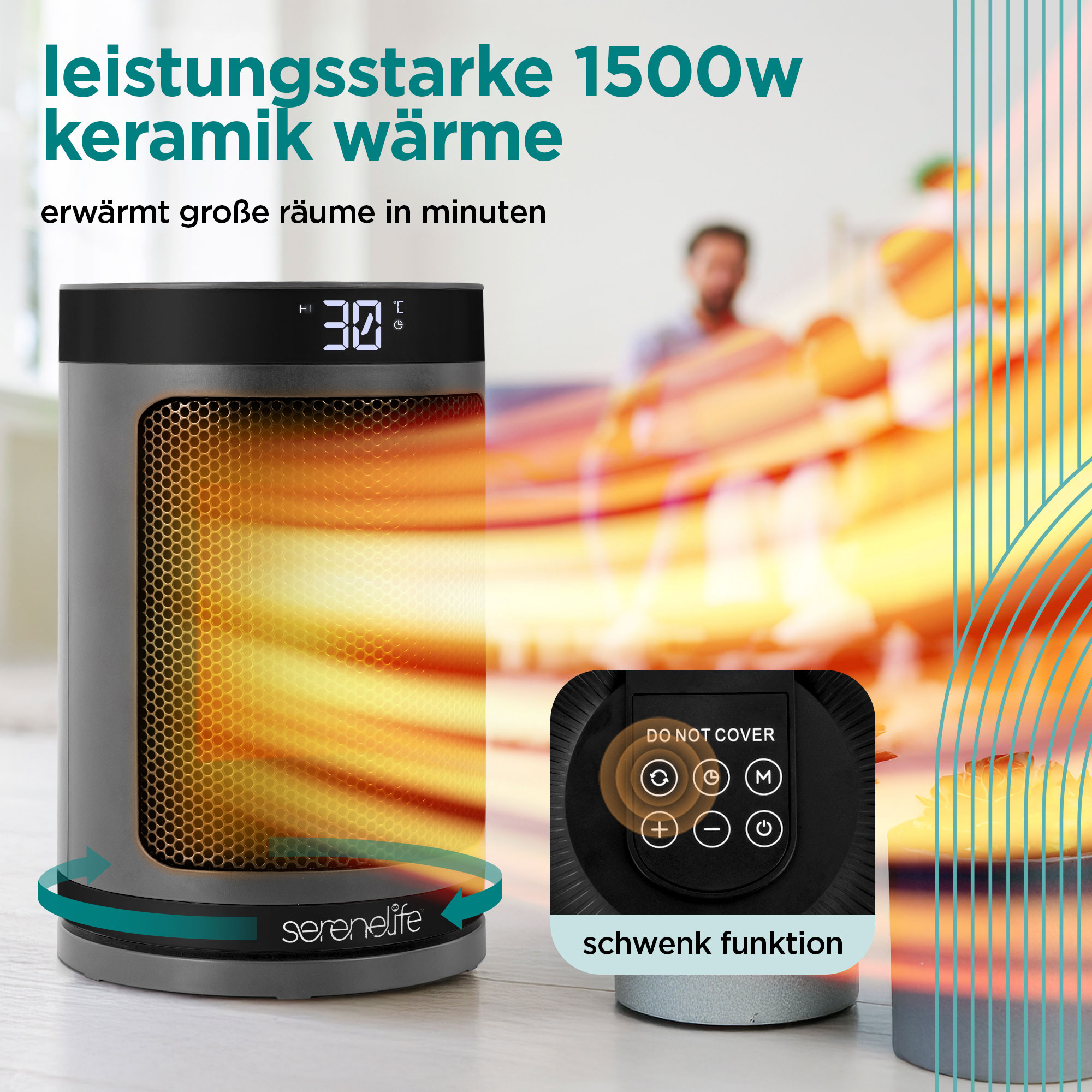 Ein grauer Keramikheizer mit digitaler Anzeige (30°C) und Schwenkfunktion.