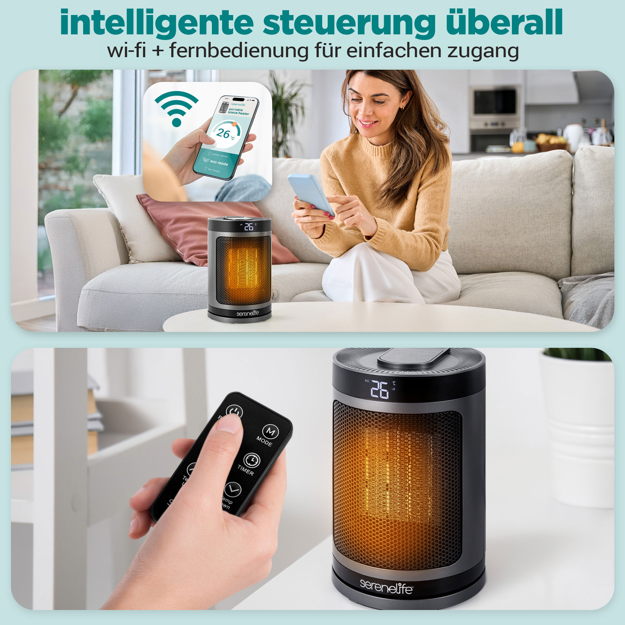 Eine Frau steuert einen schwarzen Heizlüfter mit einer Telefon-App und einer Fernbedienung in einem Wohnzimmer.