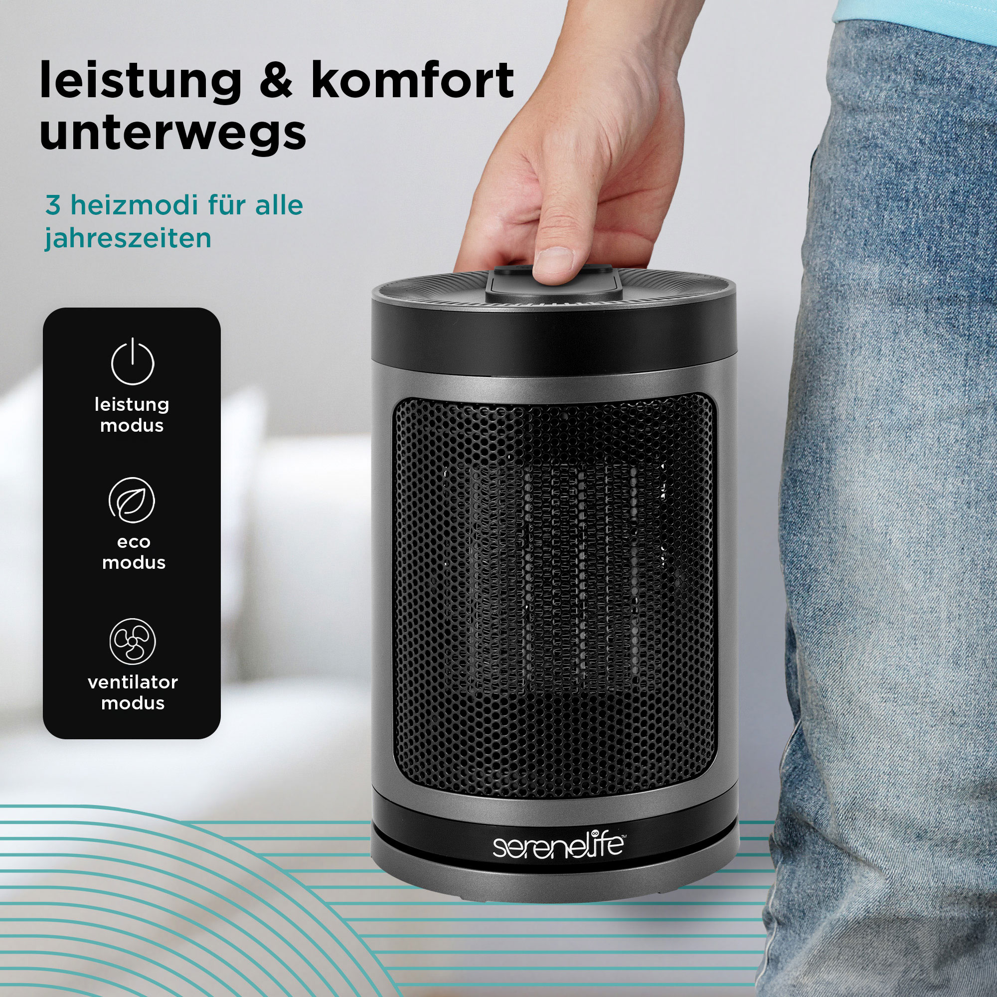 Grauer Heizlüfter mit drei Modi, gehalten von einer Hand, mit Text.