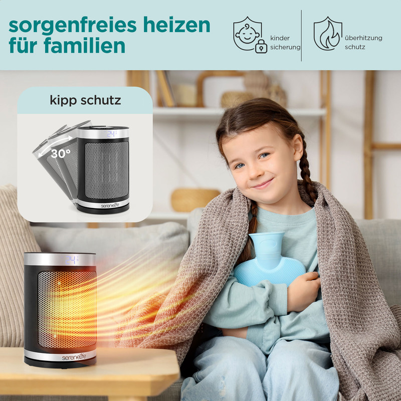 Ein Mädchen mit Wärmflasche unter Decke. Heizung steht auf Tisch.