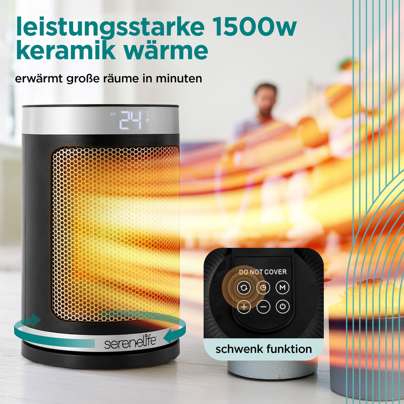 Ein schwarzer Keramikheizer mit Lüfter und digitaler Anzeige bei 24°C.