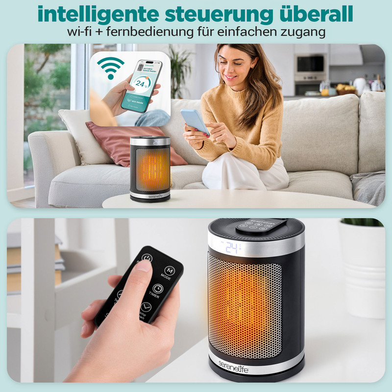Ein zweigeteiltes Bild, das eine Frau zeigt, die ein Telefon zur Steuerung eines Heizlüfters benutzt, und eine Hand, die eine Fernbedienung neben dem Heizlüfter hält.