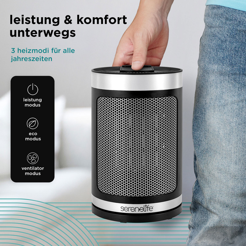 Eine Person hält einen schwarzen und silbernen tragbaren Heizlüfter mit einer Netzfront. Text links beschreibt seine Funktionen.