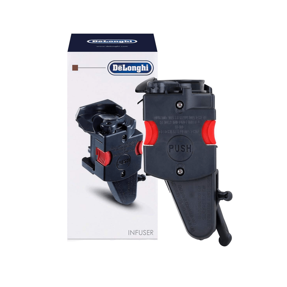 Ein schwarz-roter DeLonghi Infuser mit einer weißen Box, die das DeLonghi Logo und den Produktnamen zeigt.
