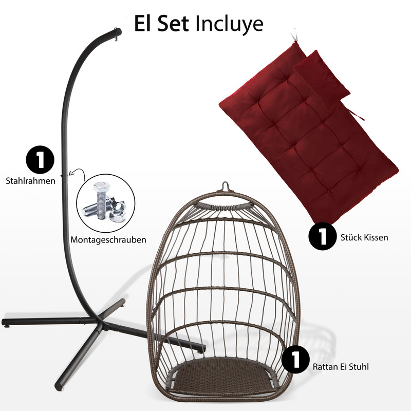 Ein Hängesessel-Set mit braunem Rattankorb, schwarzem Stahlständer, Schrauben und roten Kissen.