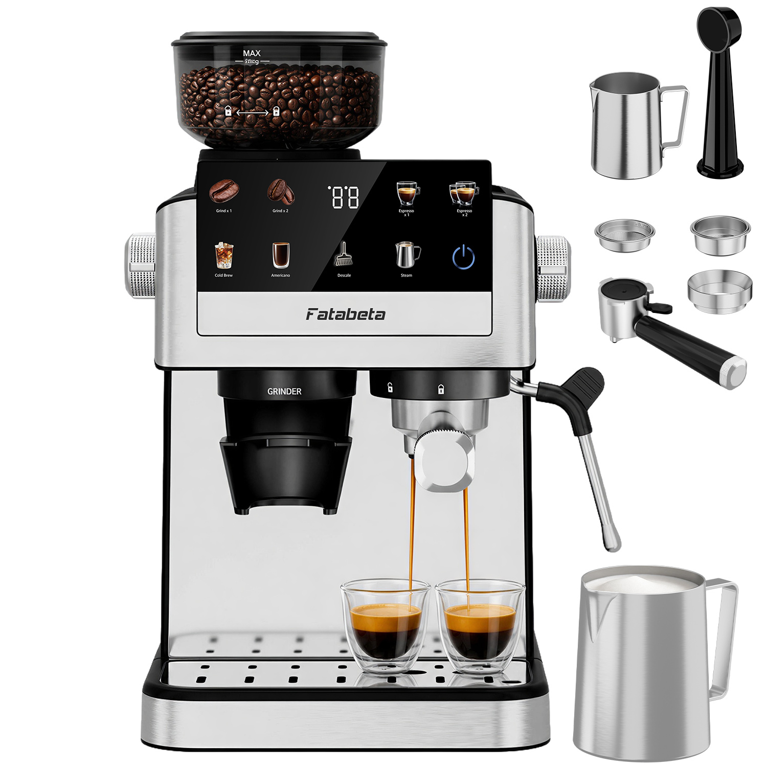 Eine silberne Fatabeta Espressomaschine mit Bohnenbehälter, Digitalanzeige und Zubehör.
