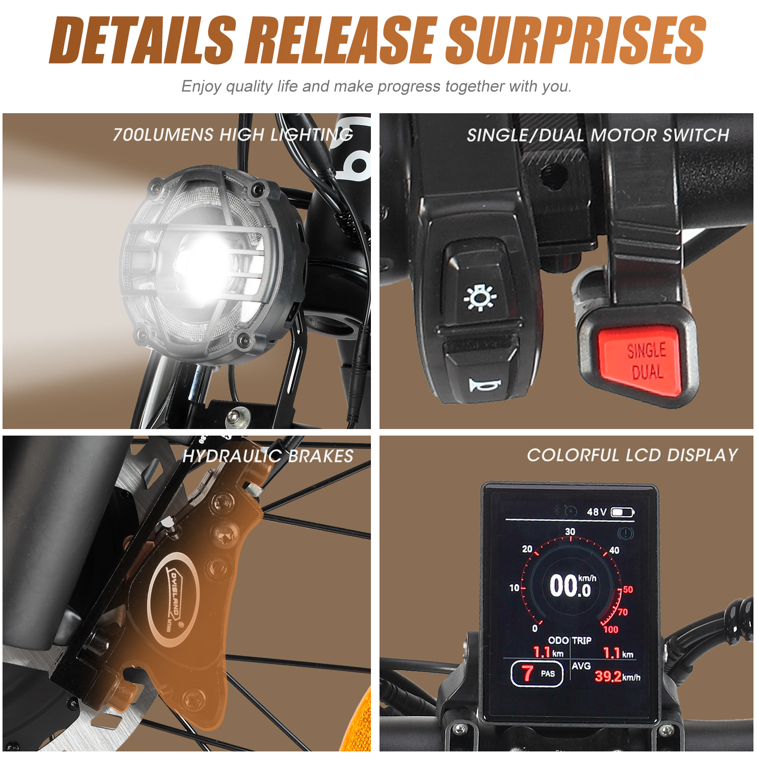 Quattro primi piani delle caratteristiche di una bicicletta elettrica: faro, interruttore motore, freno idraulico e display LCD.