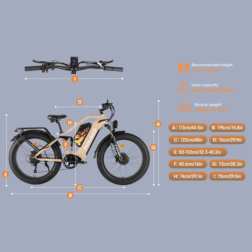Bicicletta elettrica beige con pneumatici grassi, dimensioni e specifiche. Altezza consigliata 170-190cm.