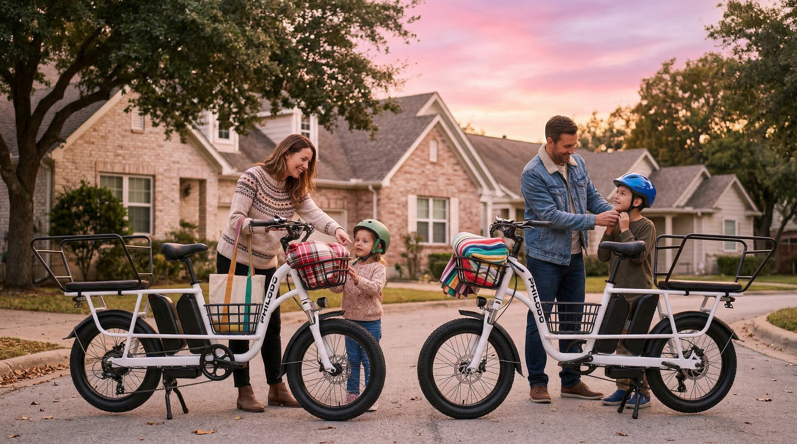 Famiglia con due bambini e due biciclette al tramonto davanti alle case.