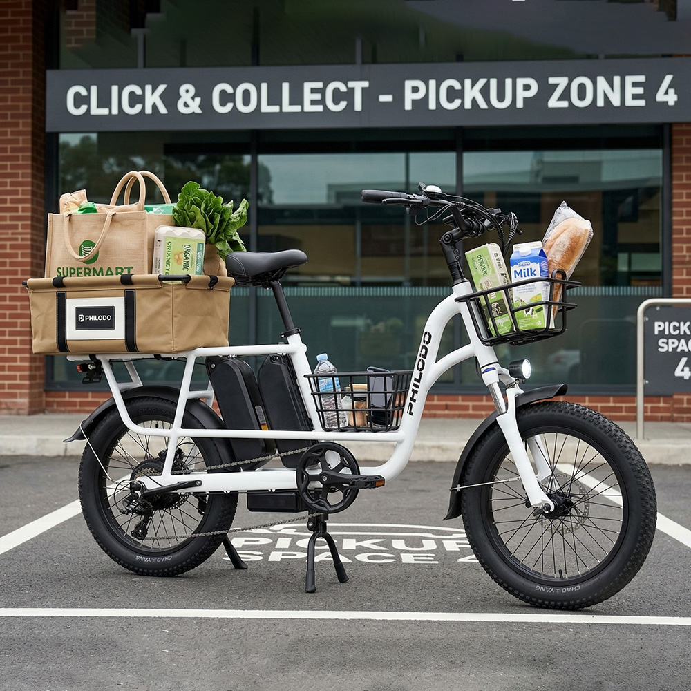 Una bicicletta elettrica bianca con generi alimentari nei cestini, parcheggiata in un'area 'CLICK & COLLECT - PICKUP ZONE 4'.