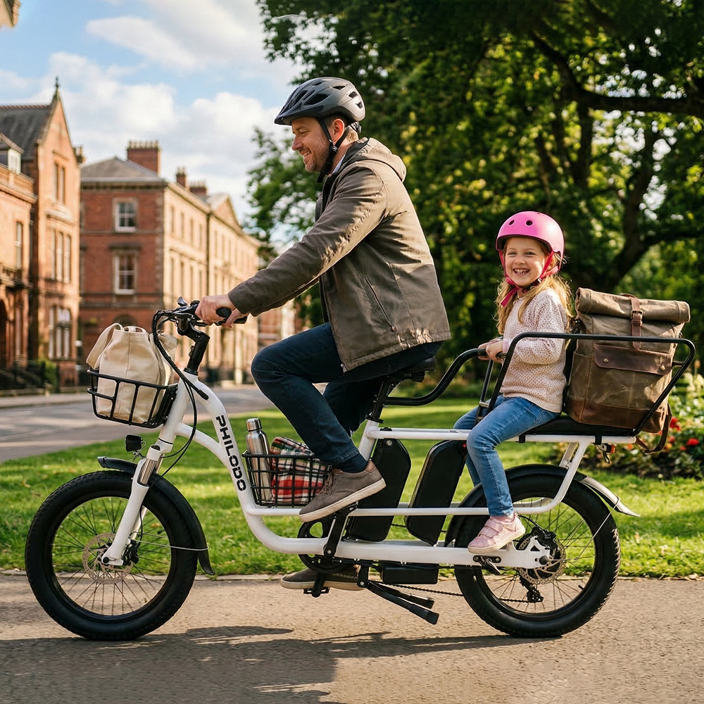 Un uomo e una bambina su una bici cargo bianca. L'uomo indossa un casco grigio, la bambina uno rosa. Sorridono, passando edifici e alberi.