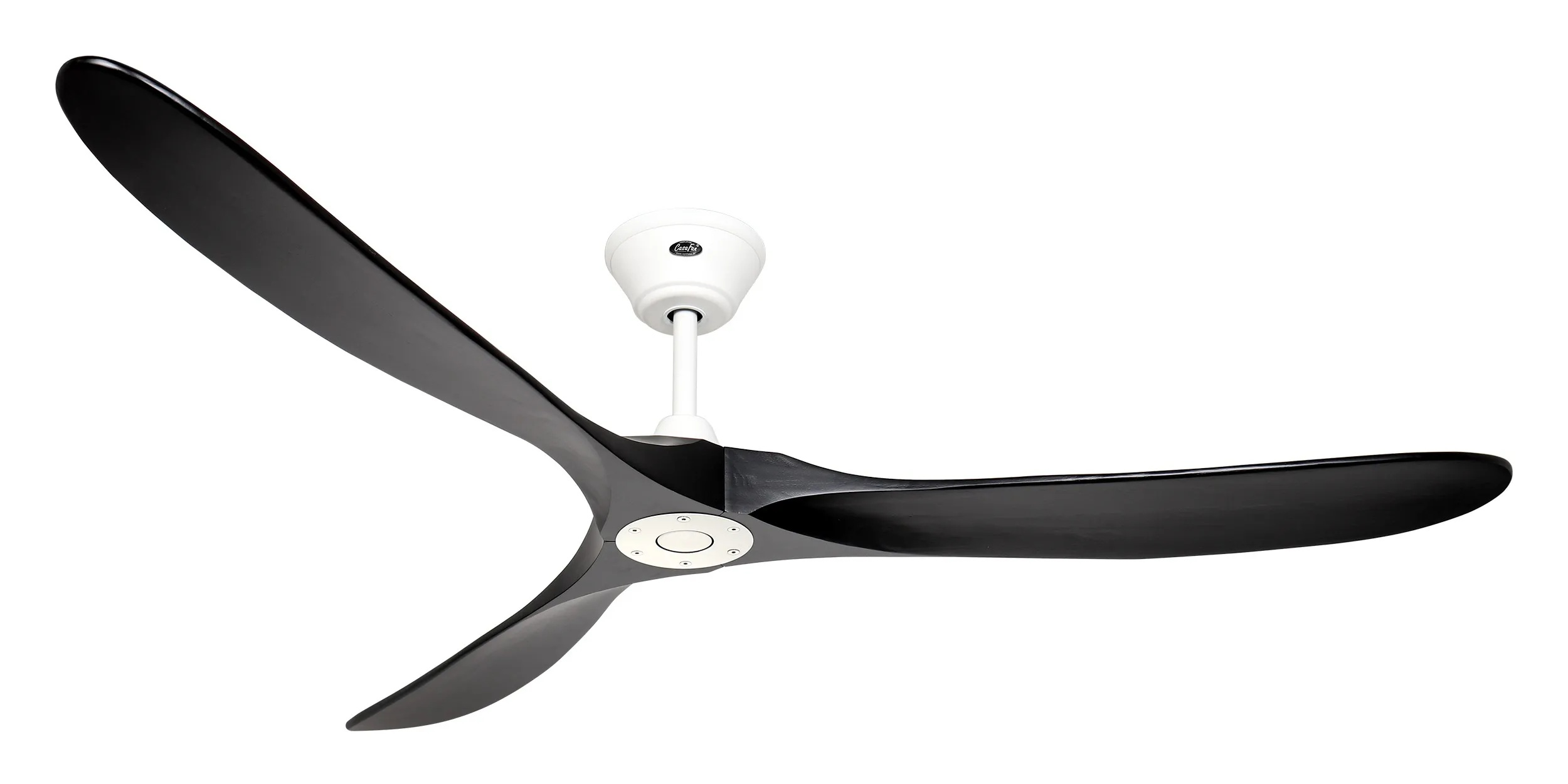 Un ventilatore da soffitto nero moderno a tre pale con supporto bianco.