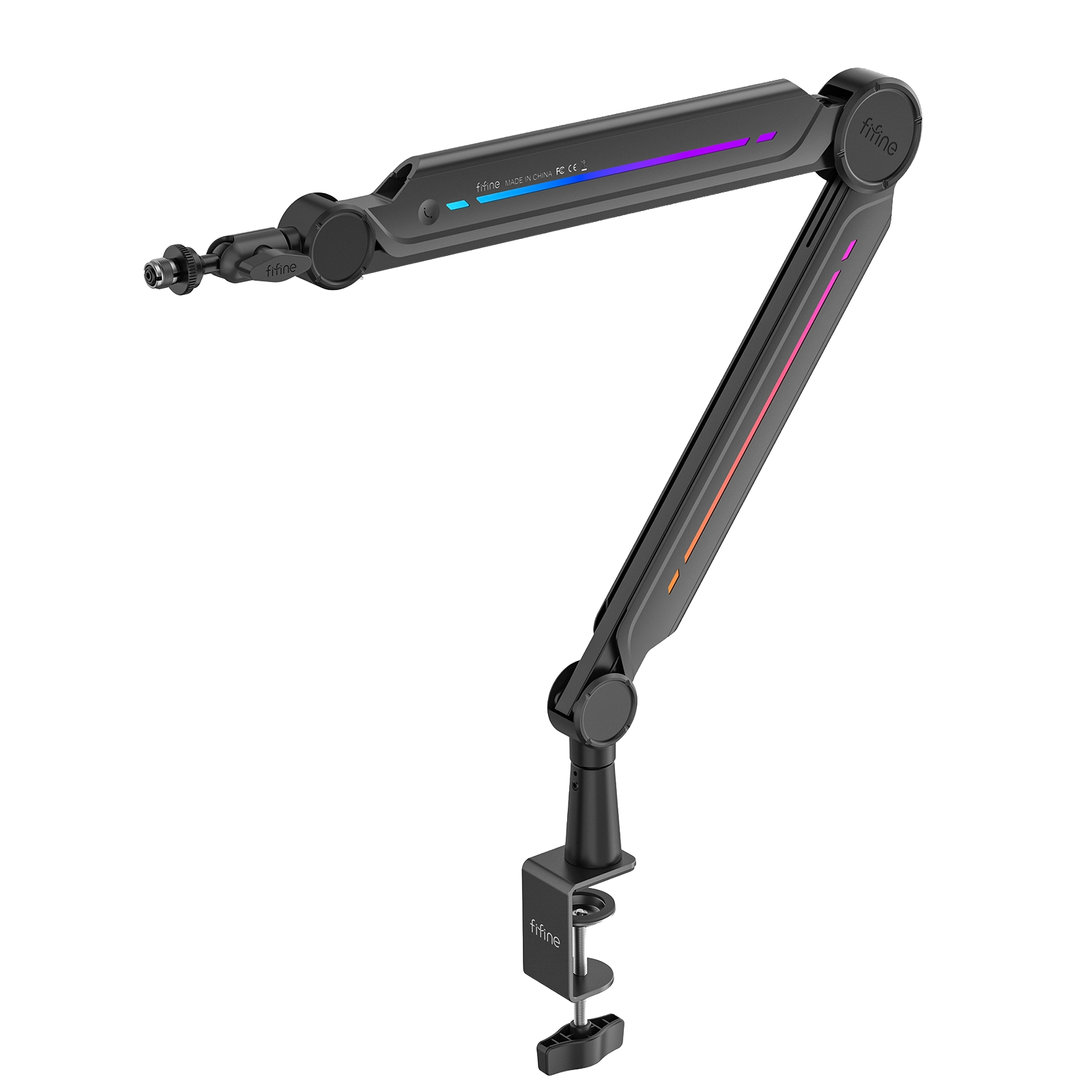 RGB aydınlatmalı ve masa kelepçeli siyah mikrofon kolu.