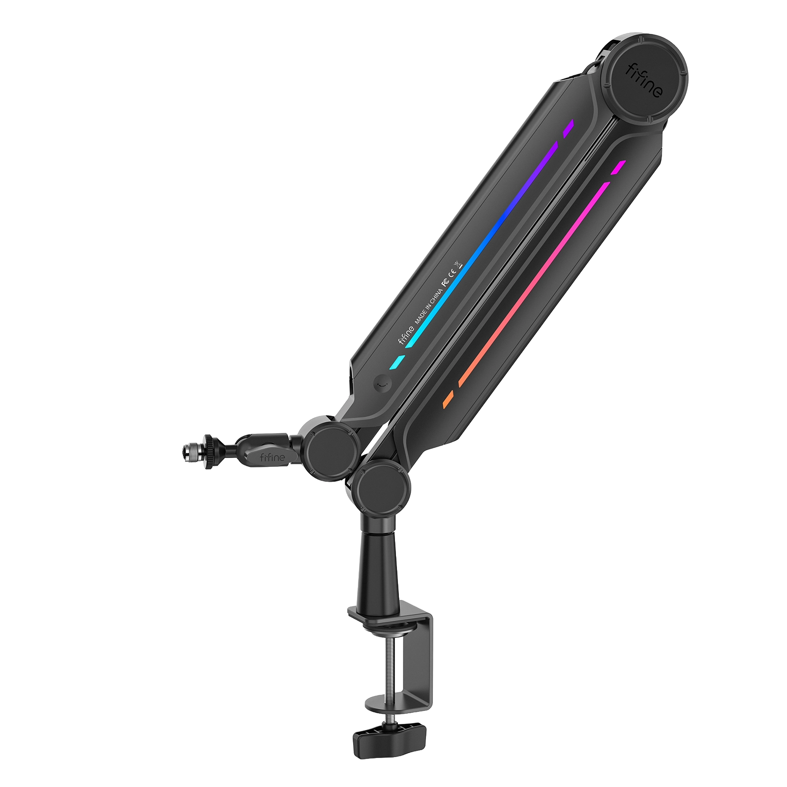 RGB aydınlatmalı ve masa kelepçeli siyah mikrofon kolu.
