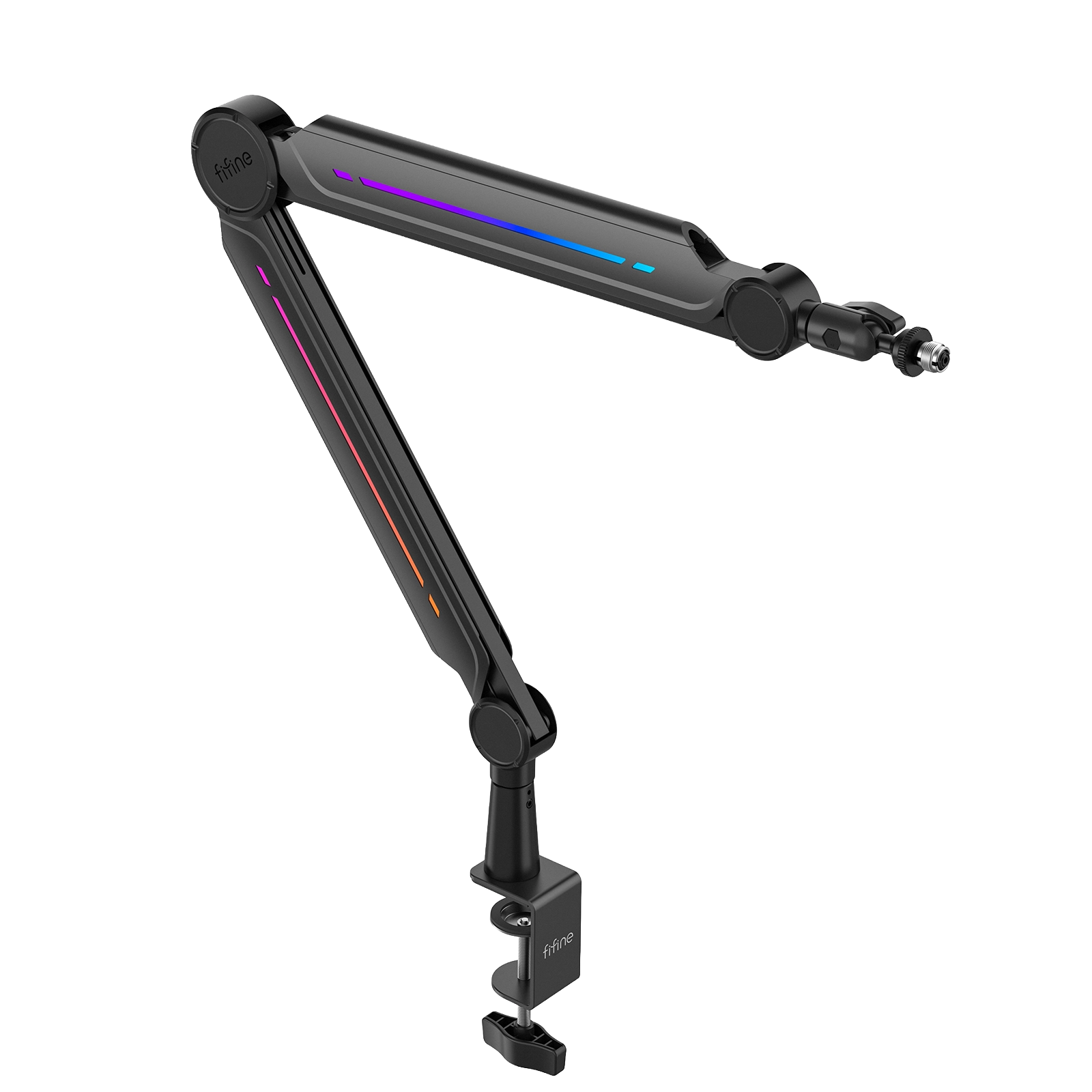 Masa kelepçesine takılı RGB aydınlatmalı siyah mikrofon kolu.