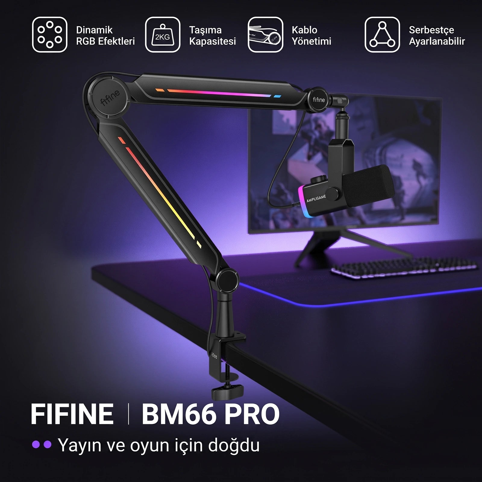 Siyah FIFINE BM66 PRO mikrofon kolu, RGB aydınlatmalı, masaya bağlı, arkada monitör ve klavye bulunuyor.