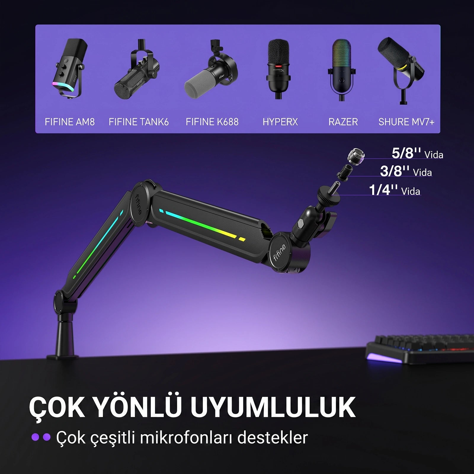 LED aydınlatmalı mikrofon kolu, çeşitli mikrofon ve boyutları destekler.