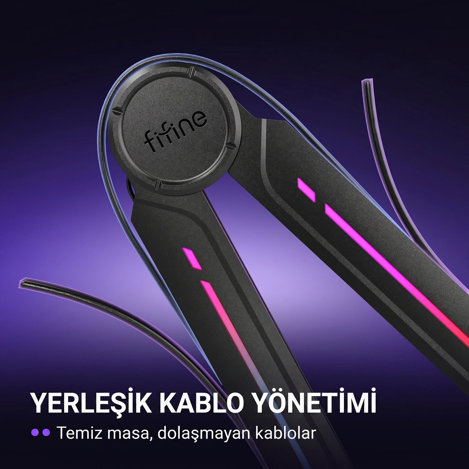 Mor bir arka plana karşı, üzerinde pembe ve kırmızı ışıklar ile 'fifine' yazısı bulunan siyah bir cihaz.