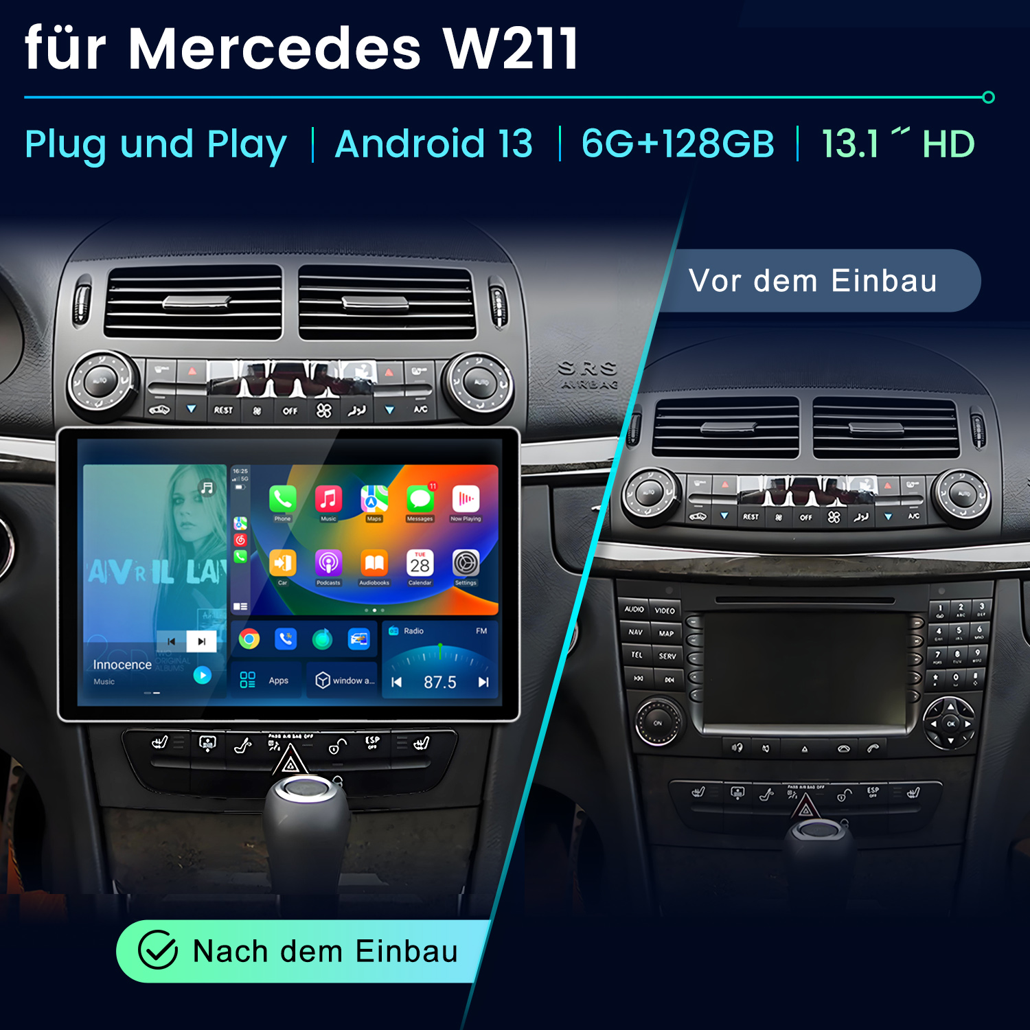 Vergleich Mercedes W211 Armaturenbrett: Vor und nach Einbau eines neuen Infotainmentsystems.