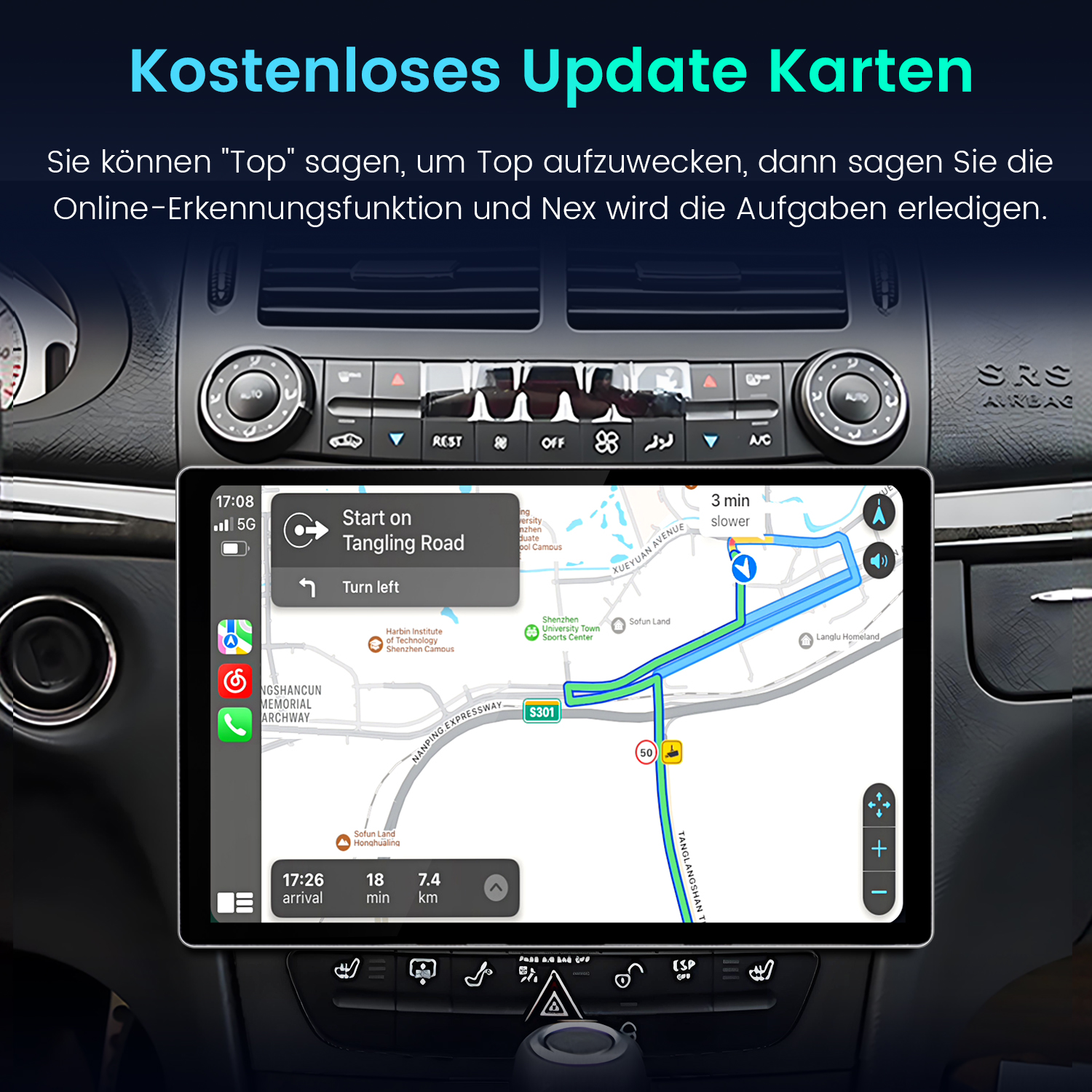 Autonavigationssystem mit Kartenansicht und Routenführung.