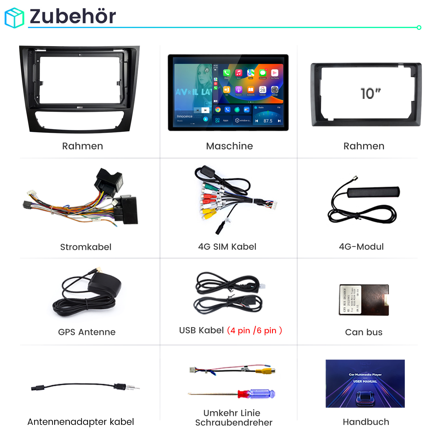 Ein Satz von Autozubehörteilen: Rahmen, Bildschirm, Kabel, Antenne, Handbuch.