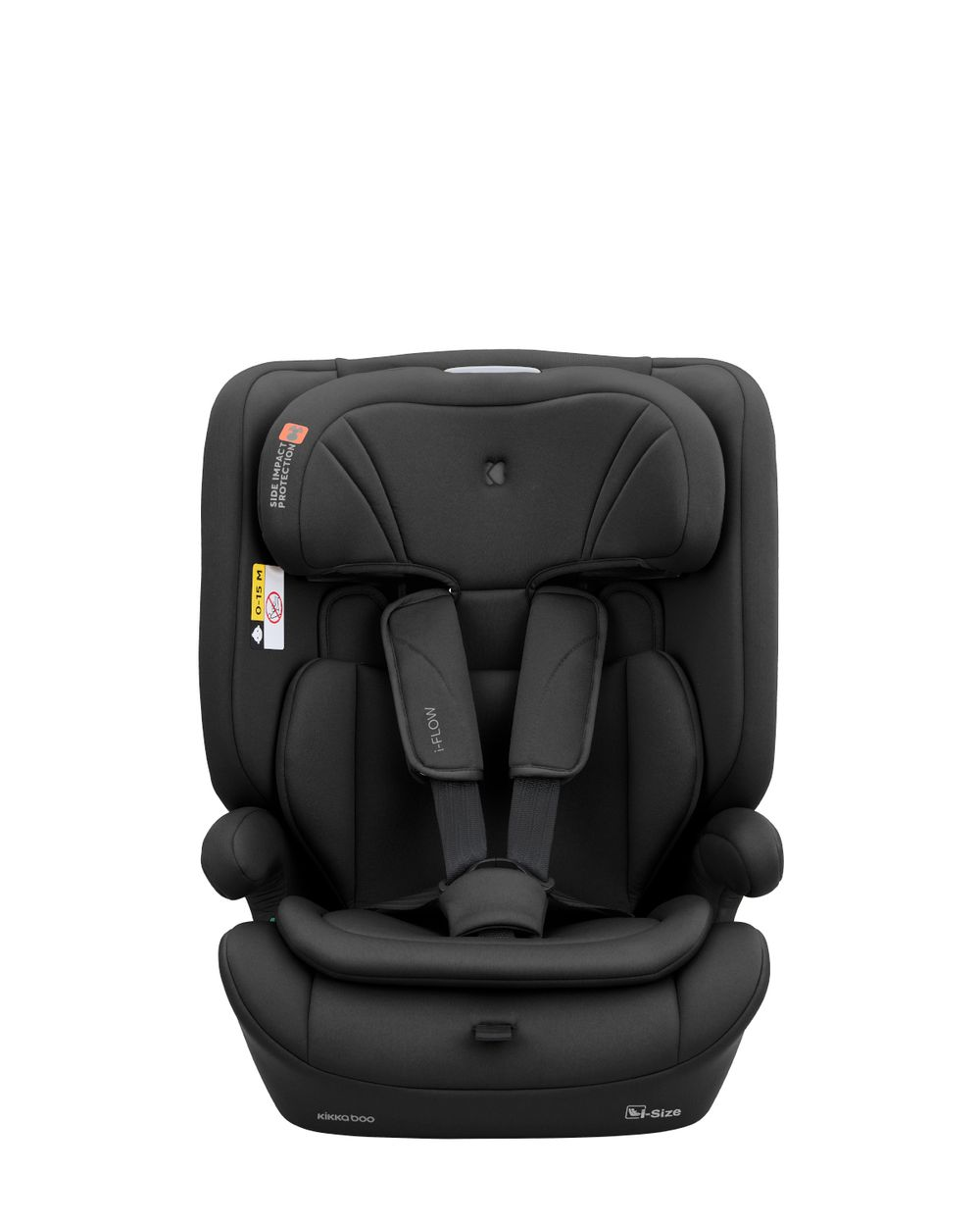 Schwarzer Kindersitz mit 5-Punkt-Gurt, Kopfstütze und Seitenaufprallschutz.