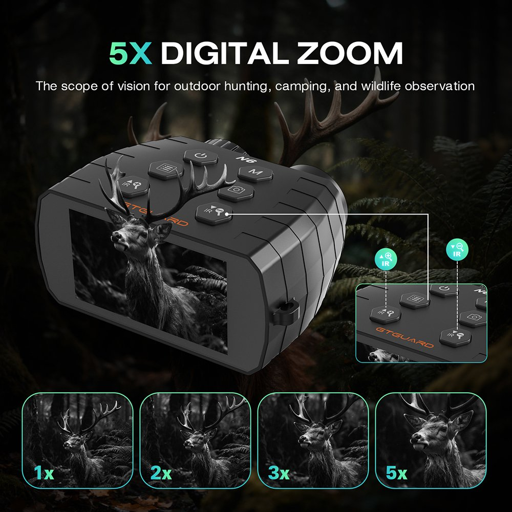 Un dispositivo per la visione notturna con zoom digitale 5x mostra un cervo a diversi ingrandimenti.