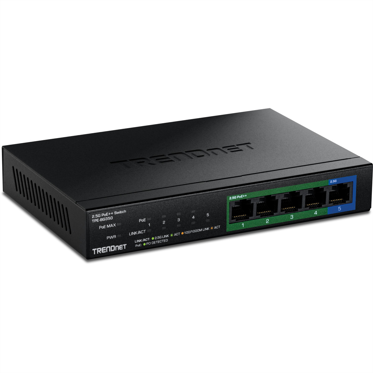 Schwarzer Netzwerk-Switch mit 5 Anschlüssen und LEDs für Strom, Link/Aktion und PoE.