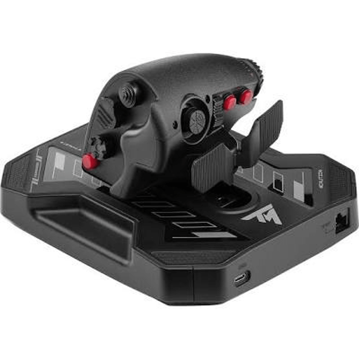 Un joystick e un acceleratore per simulatore di volo neri su una base nera con pulsanti rossi.