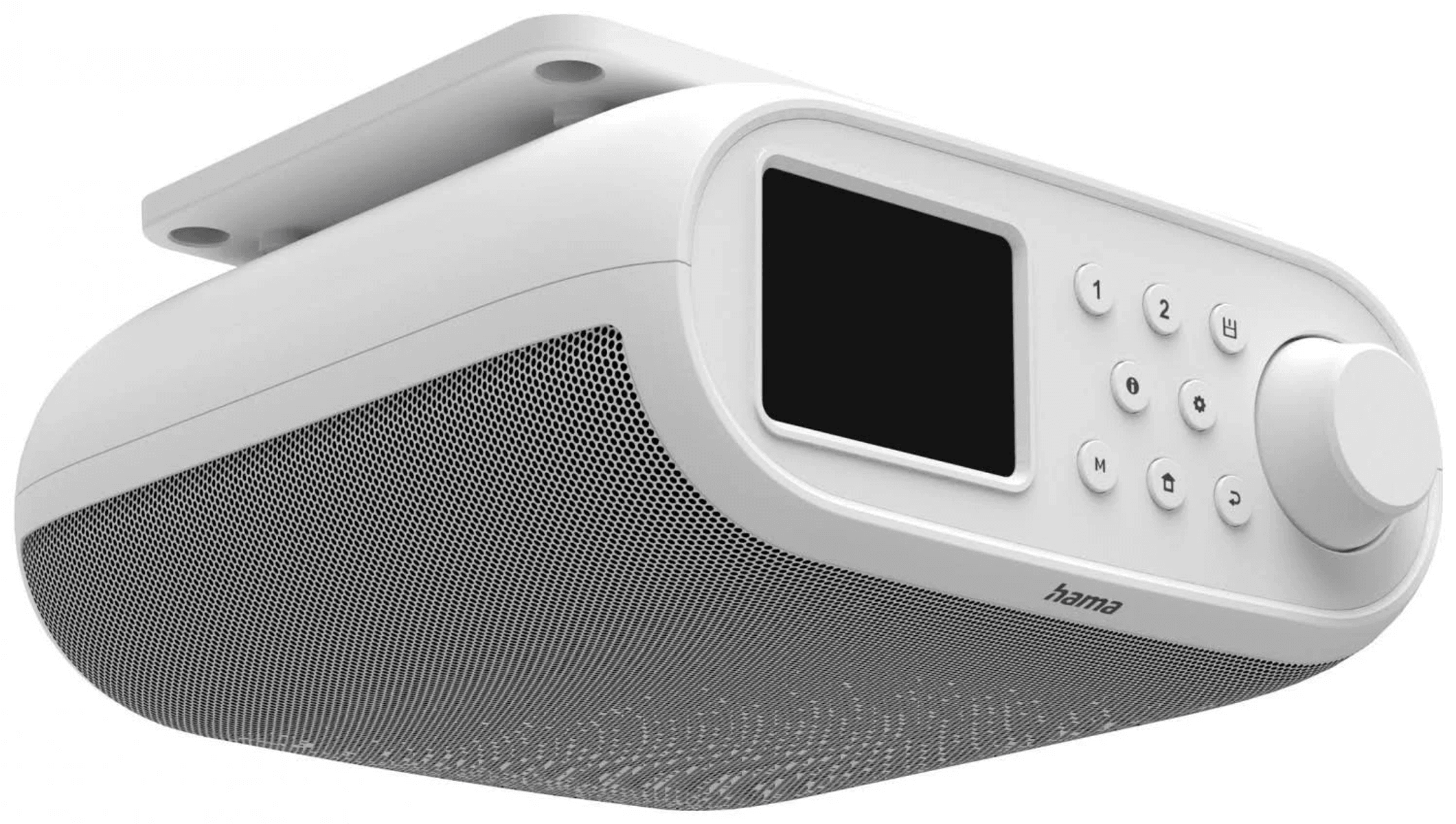 Weißes Hama DAB+-Radio mit Lautsprechergitter und Bedienknöpfen.
