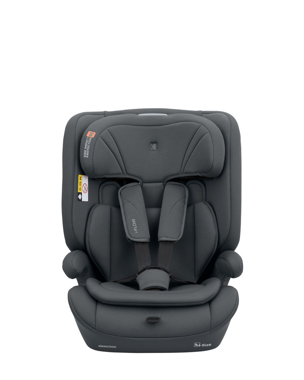 Ein dunkelgrauer Kikkaboo i-Size Kindersitz mit Seitenaufprallschutz und 5-Punkt-Gurt.