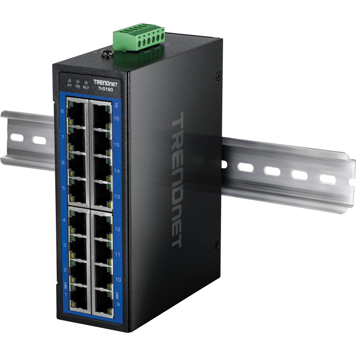 Ein schwarzer Netzwerk-Switch mit 16 Anschlüssen ist auf einer DIN-Schiene montiert.