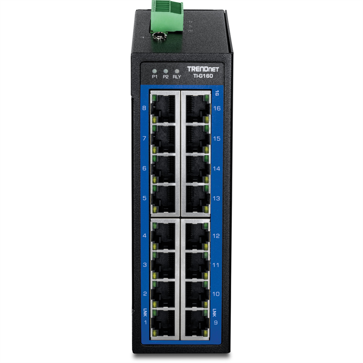 Ein schwarzer TRENDnet TI-G160 Netzwerk-Switch mit 16 RJ45-Anschlüssen und blauen Akzenten, beschriftet 1-16, auf weißem Hintergrund.