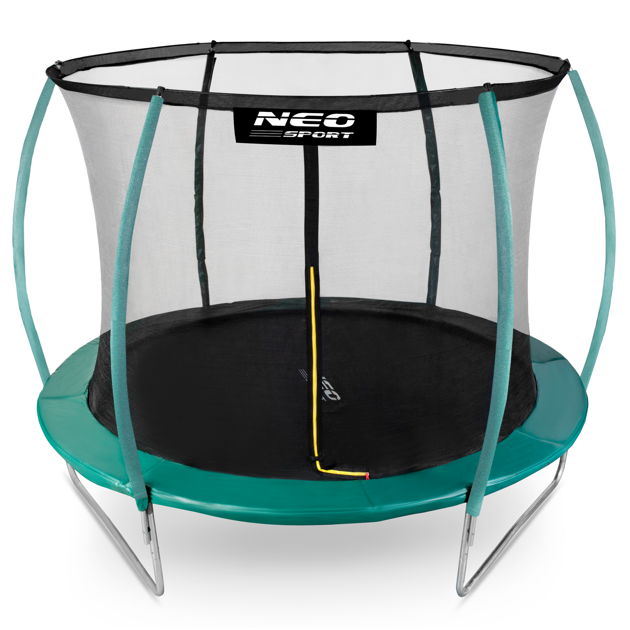 Zielona trampolina z siatką zabezpieczającą i srebrnymi nogami, logo NEO SPORT.