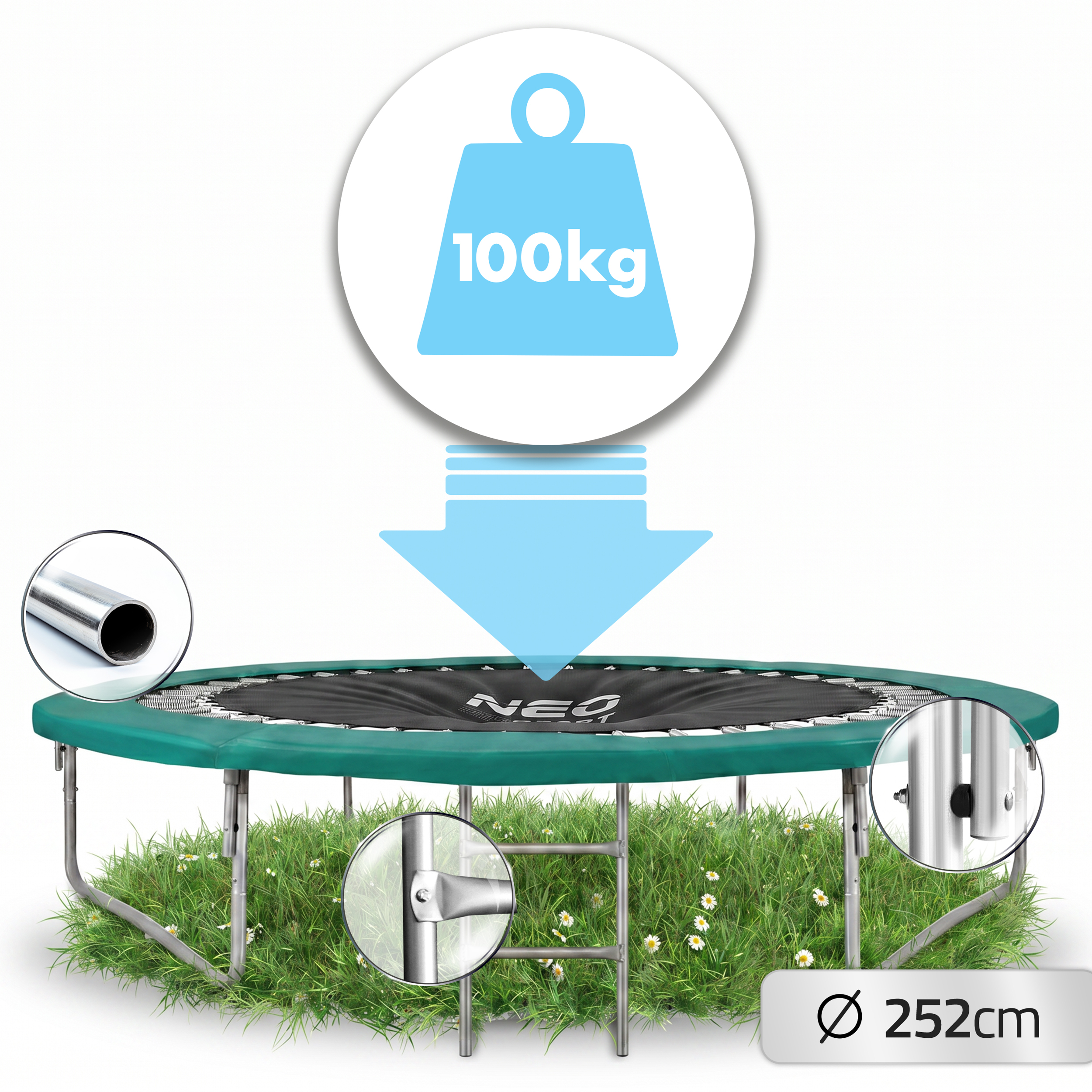 Zielona trampolina, średnica 252cm, udźwig 100kg.
