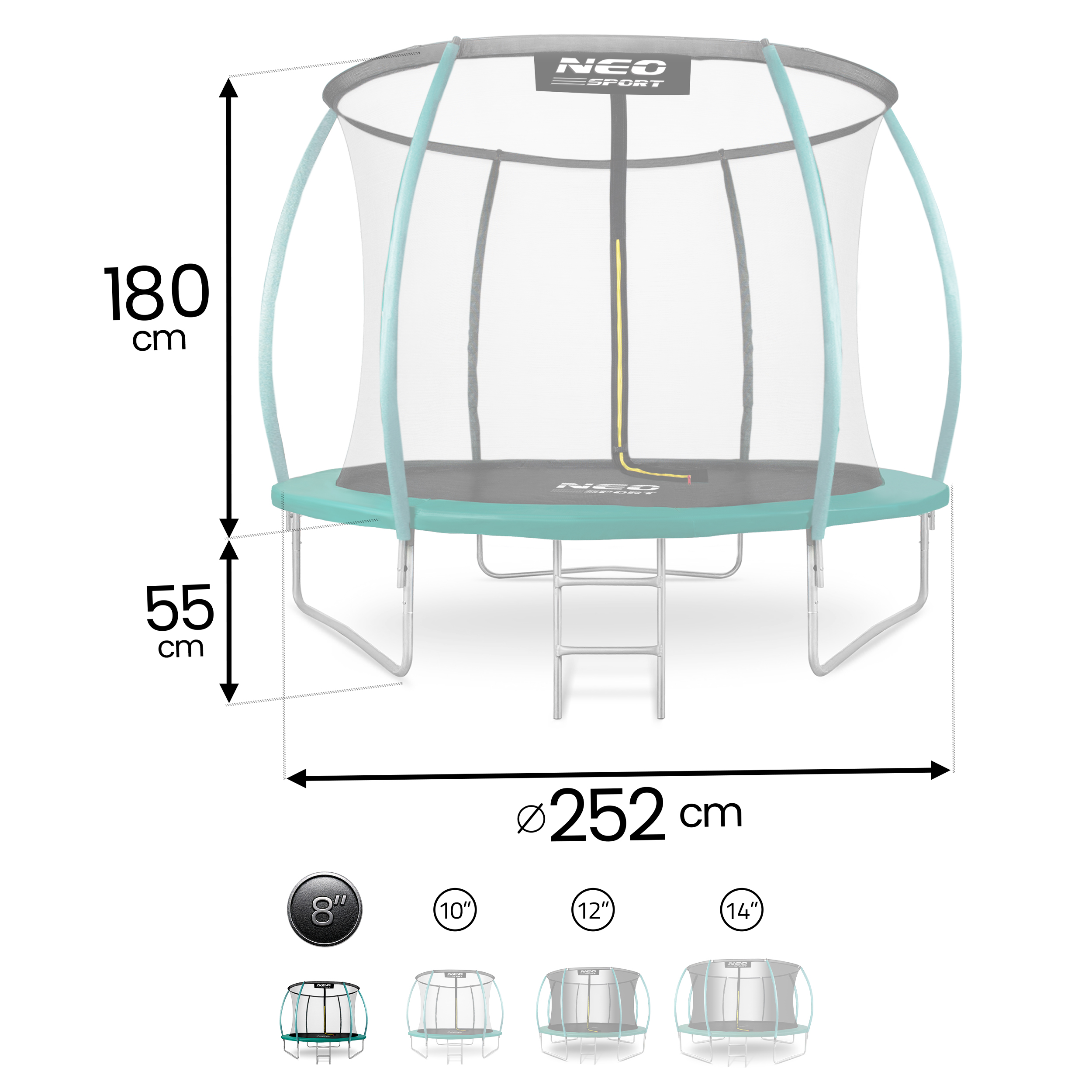 Trampolina z siatką ochronną: wysokość 180cm, wysokość maty 55cm, [rednica 252cm.